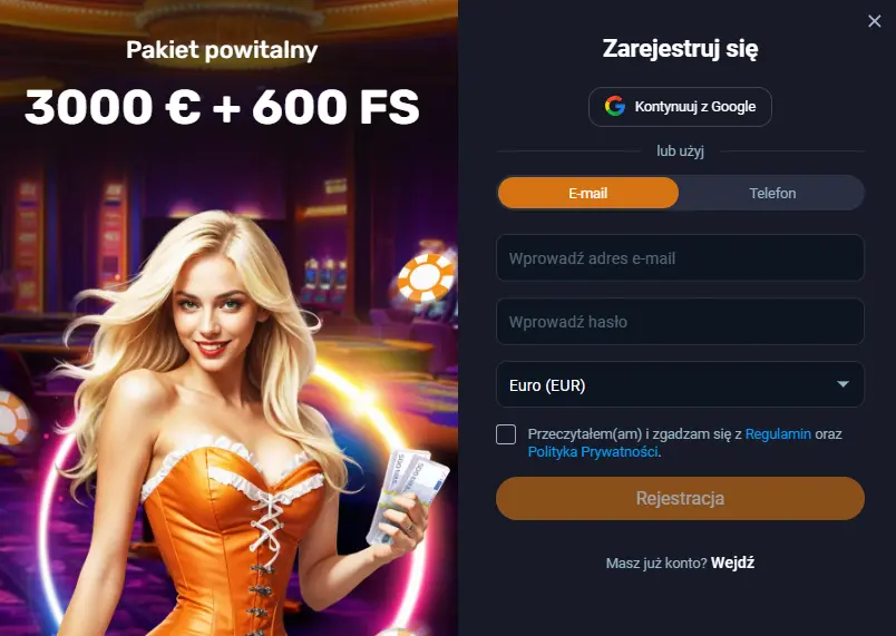 Formularz rejestracji konta Vox Casino – e-mail, telefon lub Google w mniej niż 60 sekund